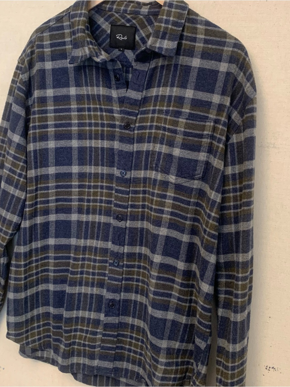 Rails Men's Navy and Olive Plaid Button-Down Flannel Shirt, Size Large